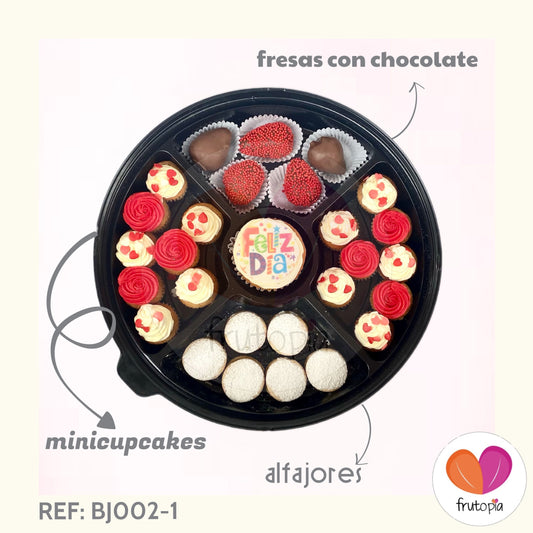 Bandeja de fresas con chocolate, alfajores y minicupcakes REF: BJ002-1