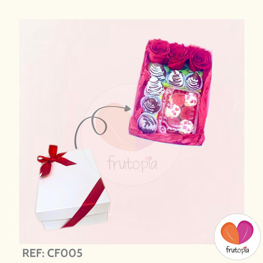 Caja sorpresa con rosas y fresas con chocolate REF: CF005