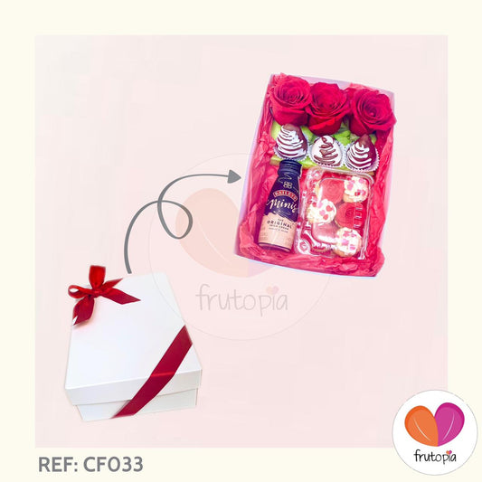 Caja sorpresa con flores y fresas con chocolate REF: CF033