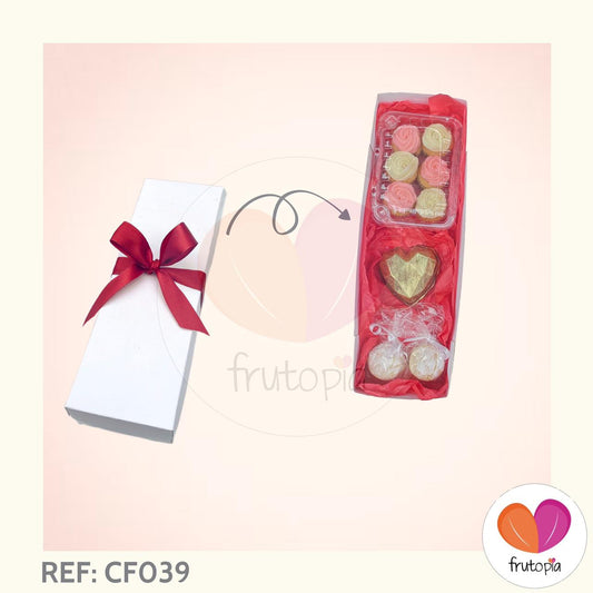 Caja con corazón de chocolate, minicupcakes y alfajores REF: CF039