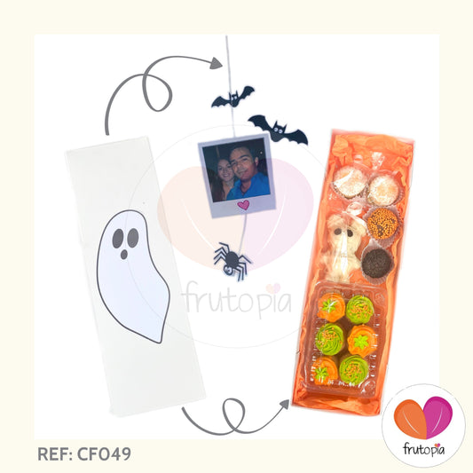 Caja de pasabocas HALLOWEEN fresas de chocolate, alfajores, chocolate y minicupcakes REF: CF049